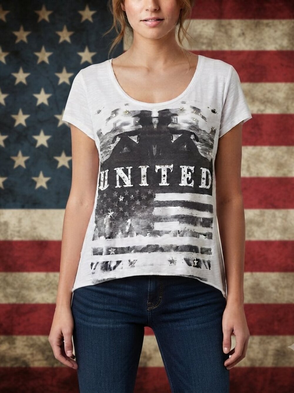 Madison & Berkeley UNITED Graphic Tee Blouse Rhinestone Stars White